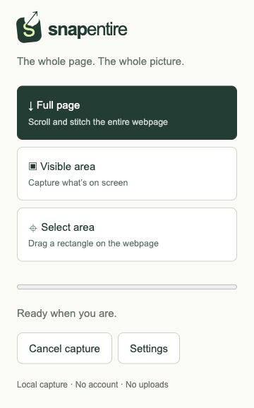 Snap Entire popup showing Full page, Visible area, and Select area capture modes